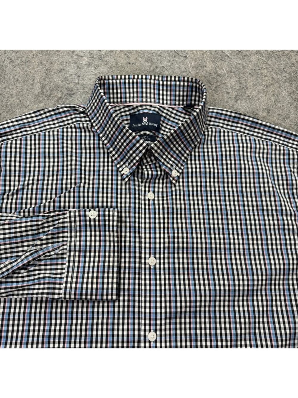 Psycho Bunny Dress Shirt Men 17.5" 34/35 Black White Blue Plaid Modern Fit
